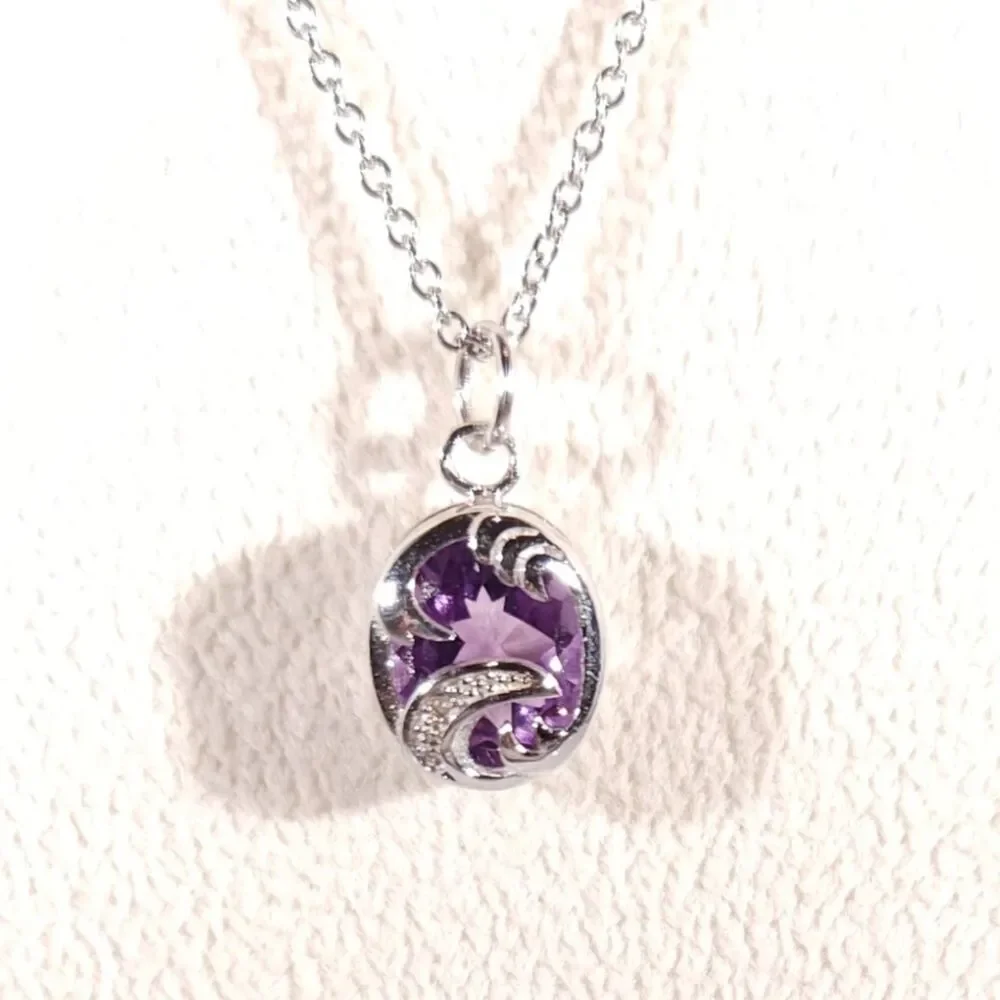 Amethyst 3 Carats Pendant Necklace Stainless Steel Chain